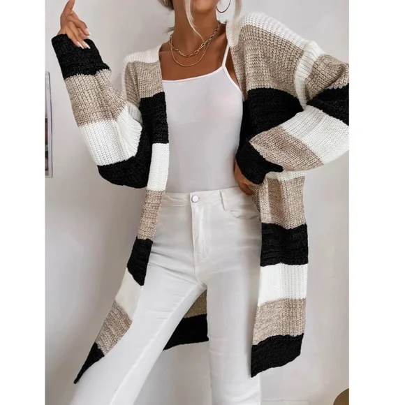 Colorblock Stripes Open Knit Cardigan Knee Length - Picture 2 of 8